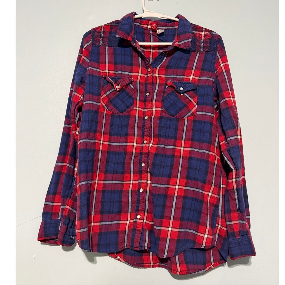 HM Divided Size 8 Flannel Shirt Lace Yoke Red Navy Western Button Down 1487